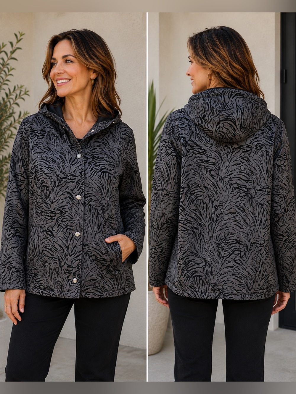 Gallery L Reversible Gray Black Zebra Flocked Hooded Rain Jacket